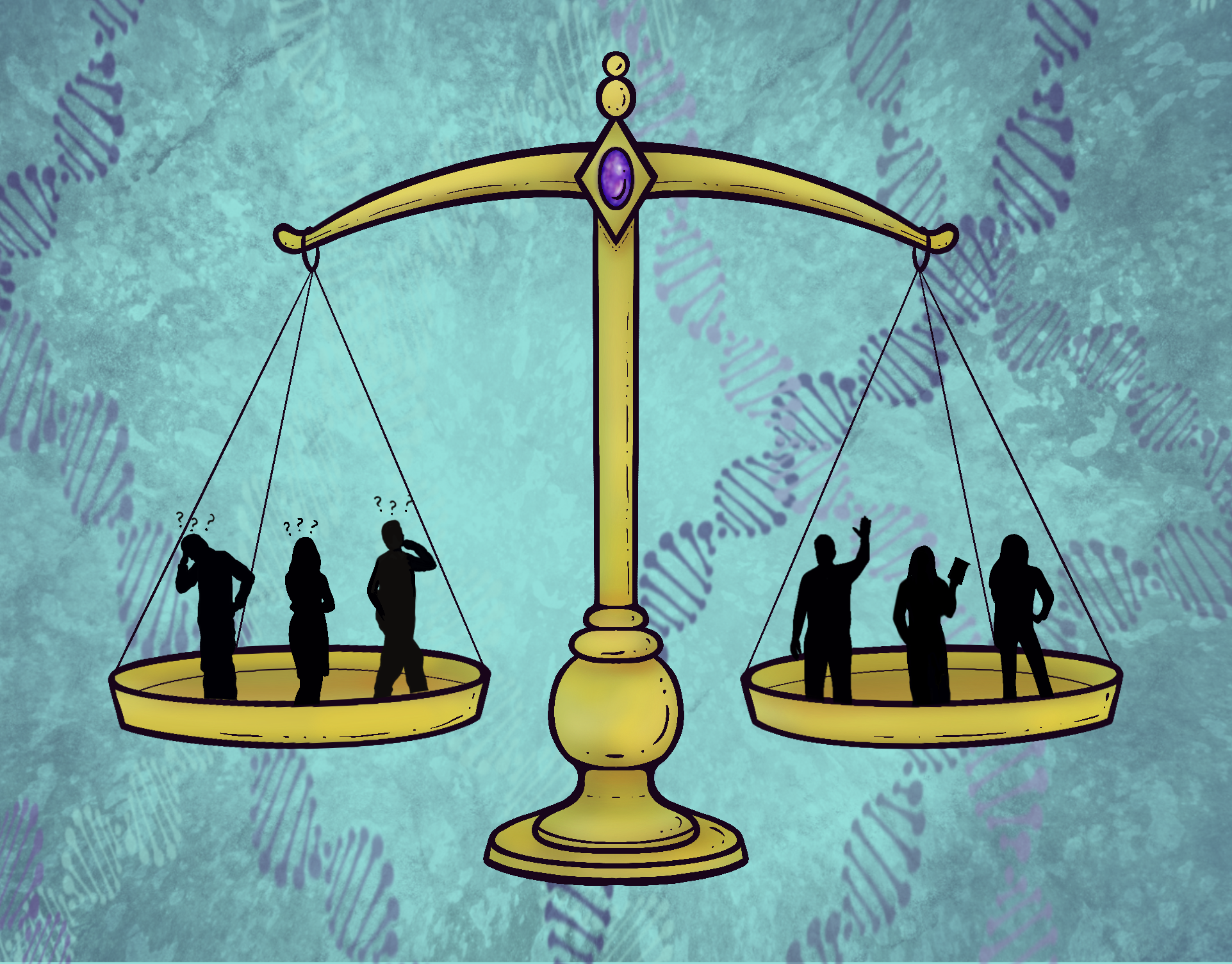 Image shows a golden scale with 3 people on each side over a teal background with DNA helixes. The people on the left side of the scale have question marks above their heads and seem unsure. The people on the right side of the scale seem confident and comfortable. The scale is balanced. 