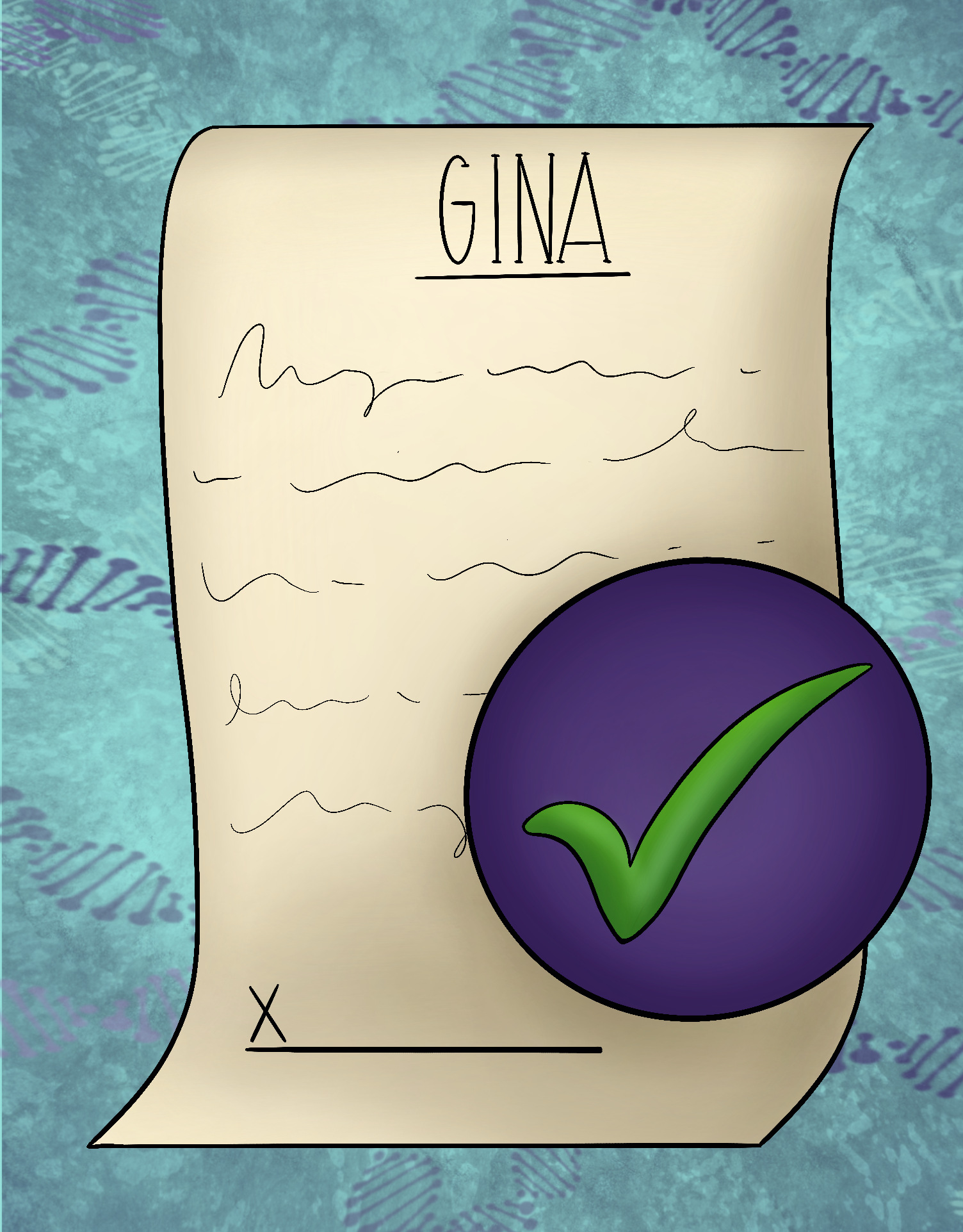 Image shows a drawing of a generic bill with the word "GINA" printed at the top and a space for signature at the bottom. Over the bill is a large purple circle with a green check-mark on it, indicating the law has passed.