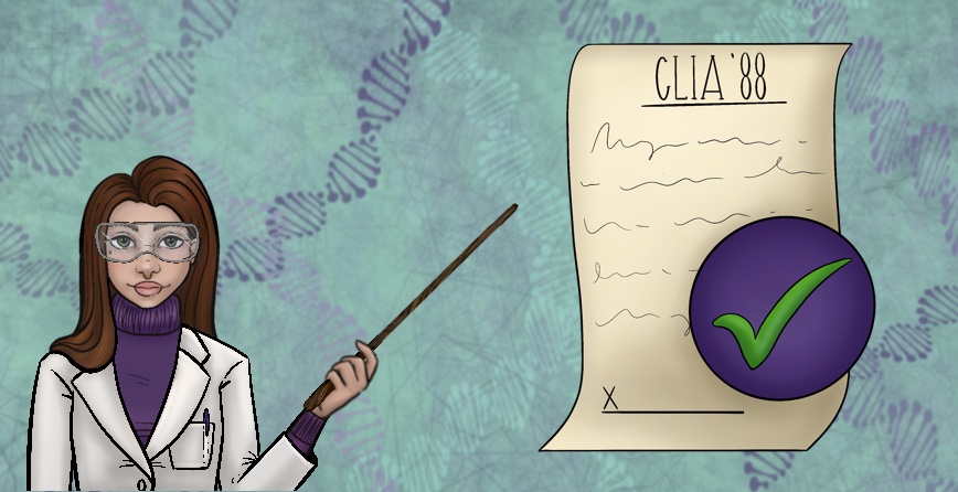 Image description: Picture depicts cartoon version of the author in a lab coat and safety goggles pointing at a document representing CLIA '88.