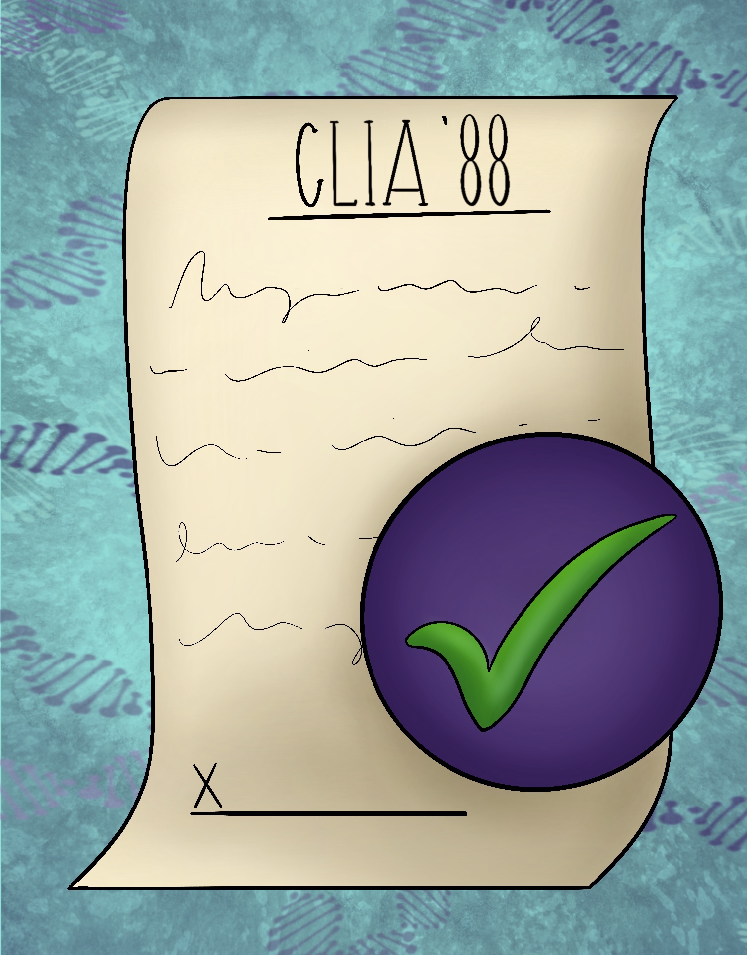 Image description: Picture is a drawing of a document with "CLIA '88" written at the top and a big check mark indicating the law is passed