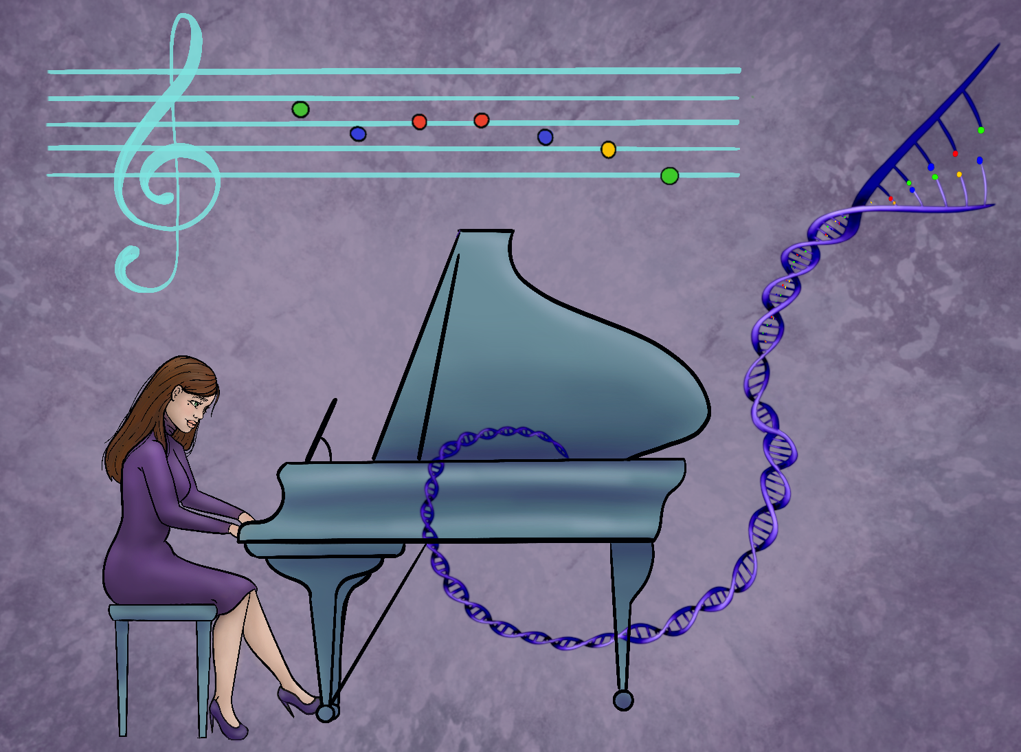 Image description: Picture depicts a cartoon version of the author playing a piano, which has a DNA helix flowing out of it as if it were the sound of music. Above this is a musical bar, with the notes replaced by dots representing the chemicals adenine, cytosine, guanine, and thymine - the chemical bases of DNA.