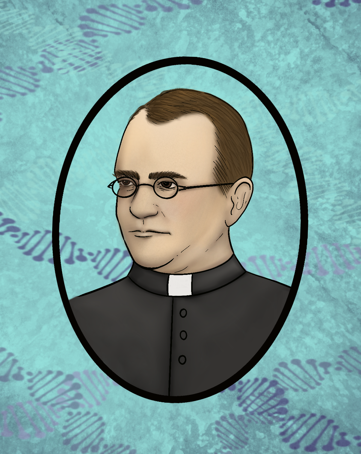 Image shows a drawn image of Gregor Mendel, he is wearing round glasses and a priest's coat with a white collar